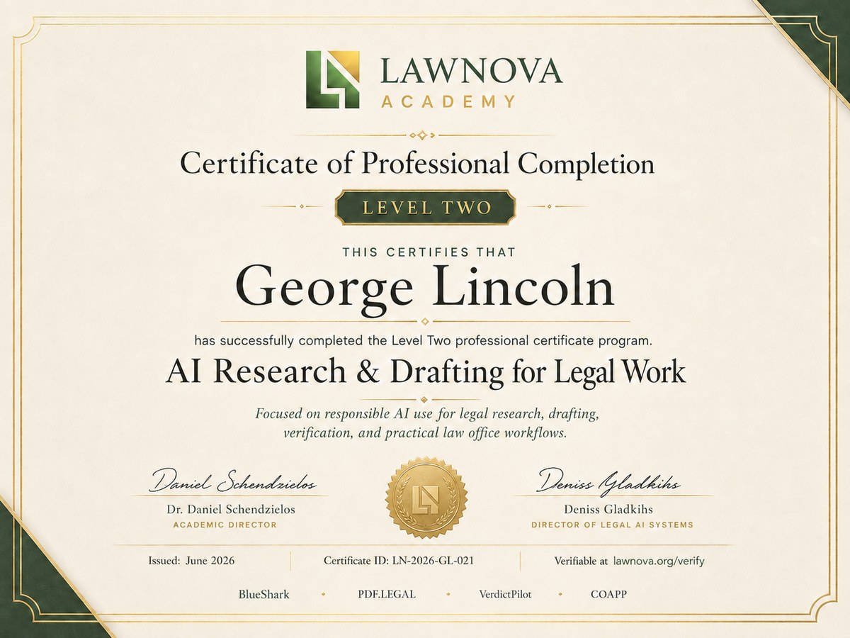 Sample Lawnova Academy Certificate of Professional Completion — Level Two, AI Research & Drafting for Legal Work